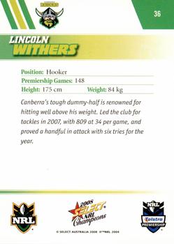 2008 Select NRL Champions #36 Lincoln Withers Back